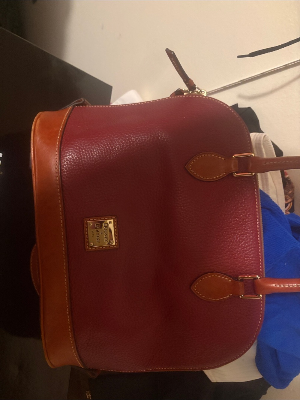 Dooney & Bourke Burgundy Pebbled Leather Satchel with Brown Trim
